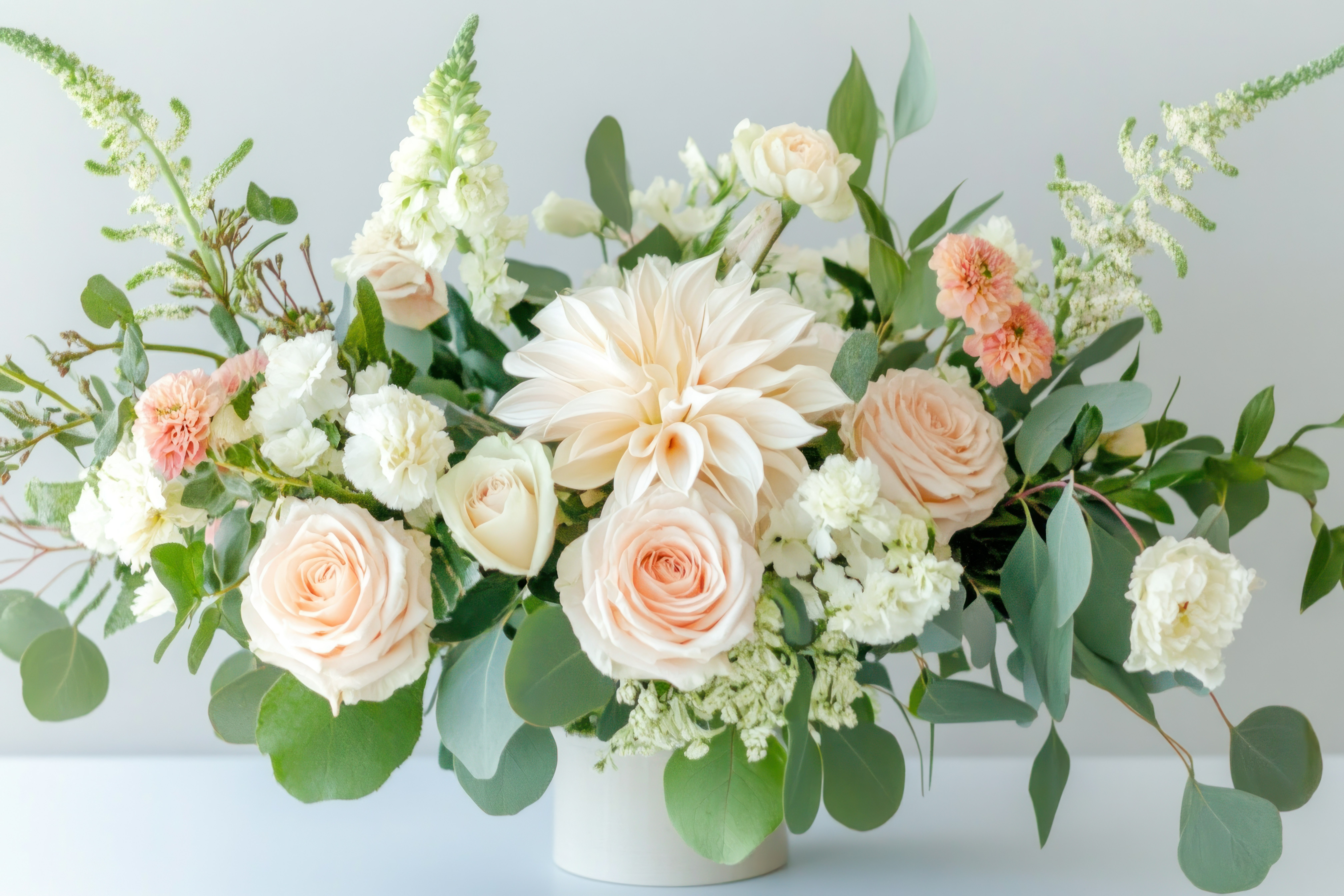 This elegant floral arrangement features soft pastel colors with roses, dahlias, and greenery, perfect for adding a charming touch to any space.