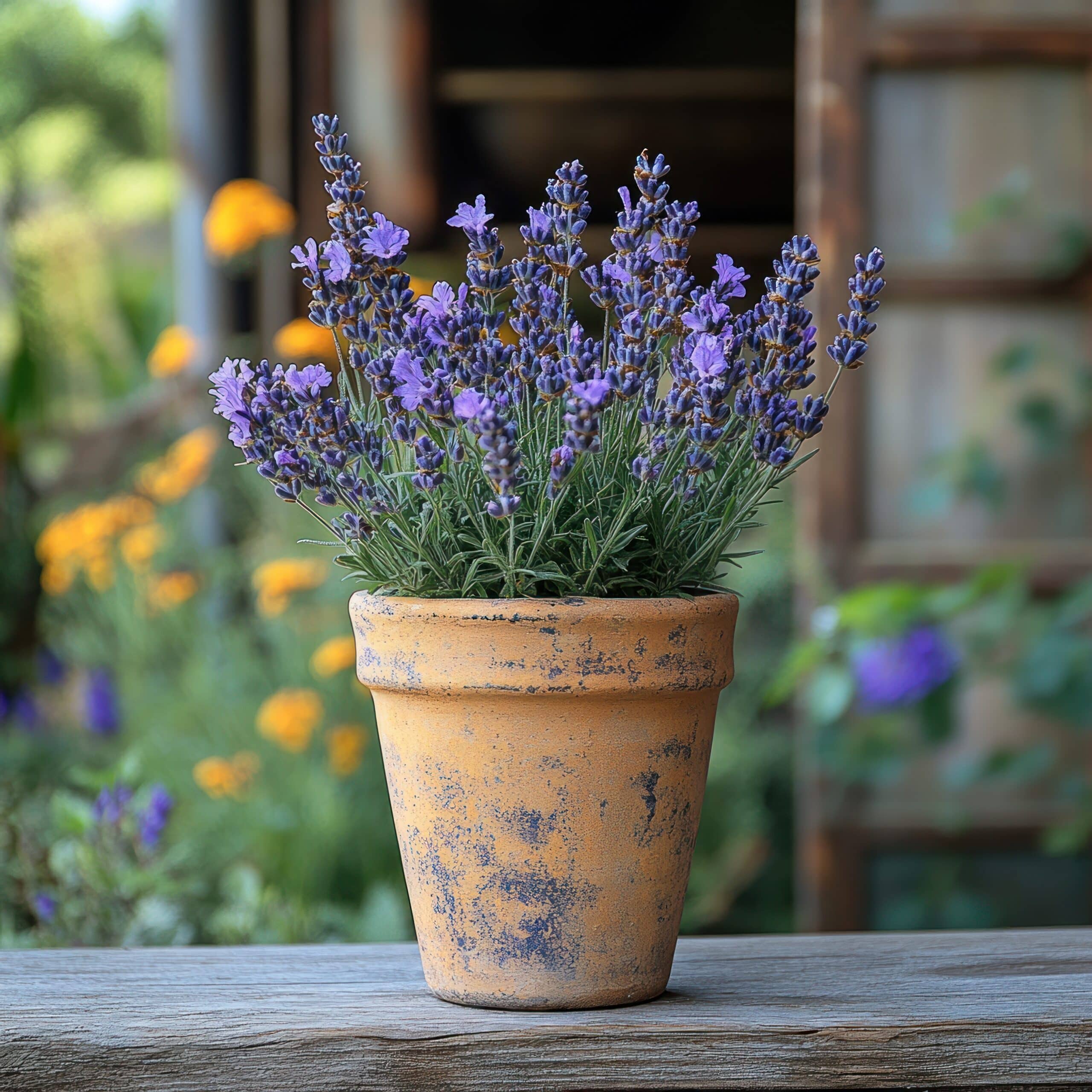 A rustic clay flower pot with subtle cracks and imperfections, holding a blooming lavender plant. It sits on a garden bench, surrounded by a background of lush greenery and colorful wildflowers. --stylize 750 --v 6.1 Job ID: e5e8867a-0815-4790-a408-36d65e70bd95