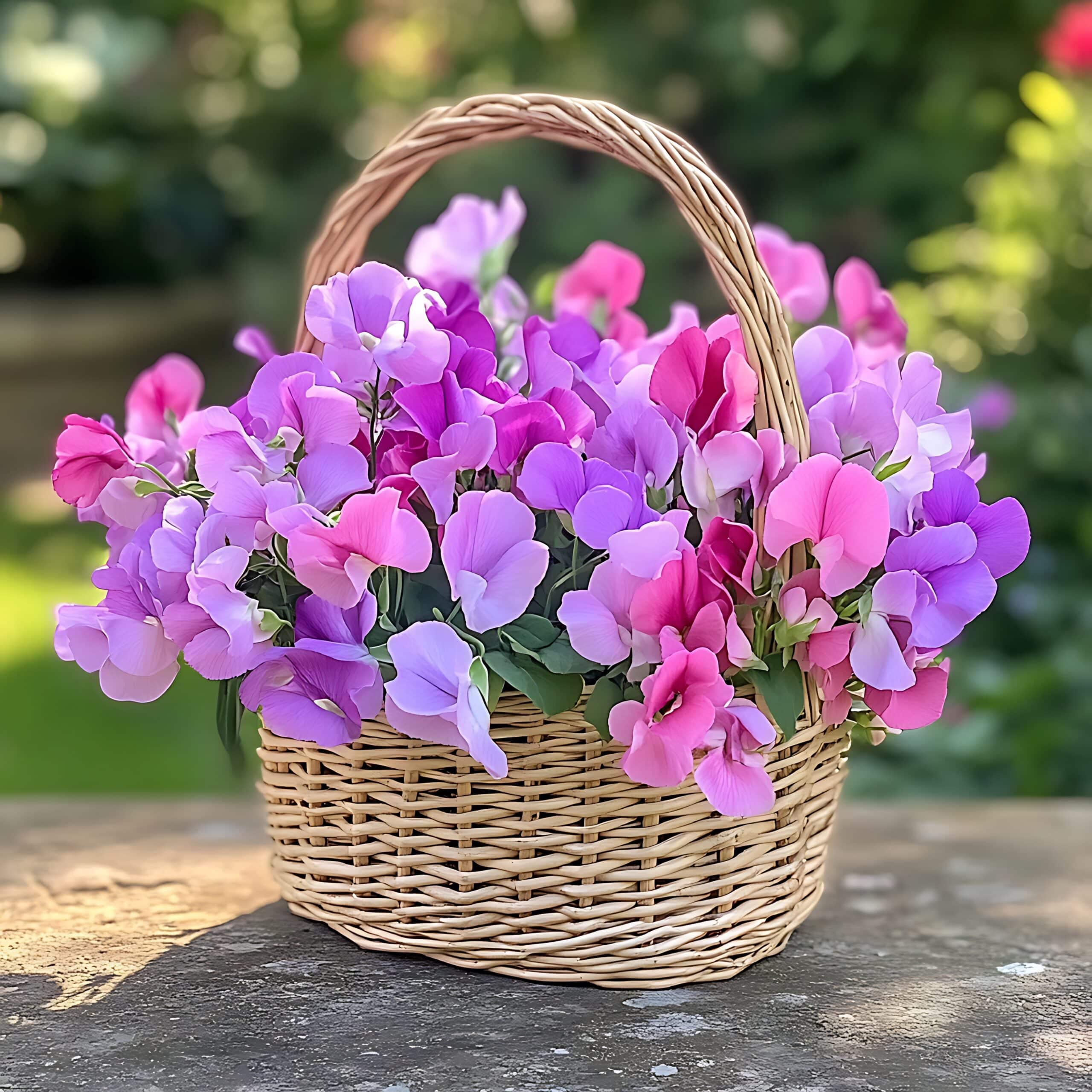 Bright Basket of Purple and Pink Flowers in Bloom