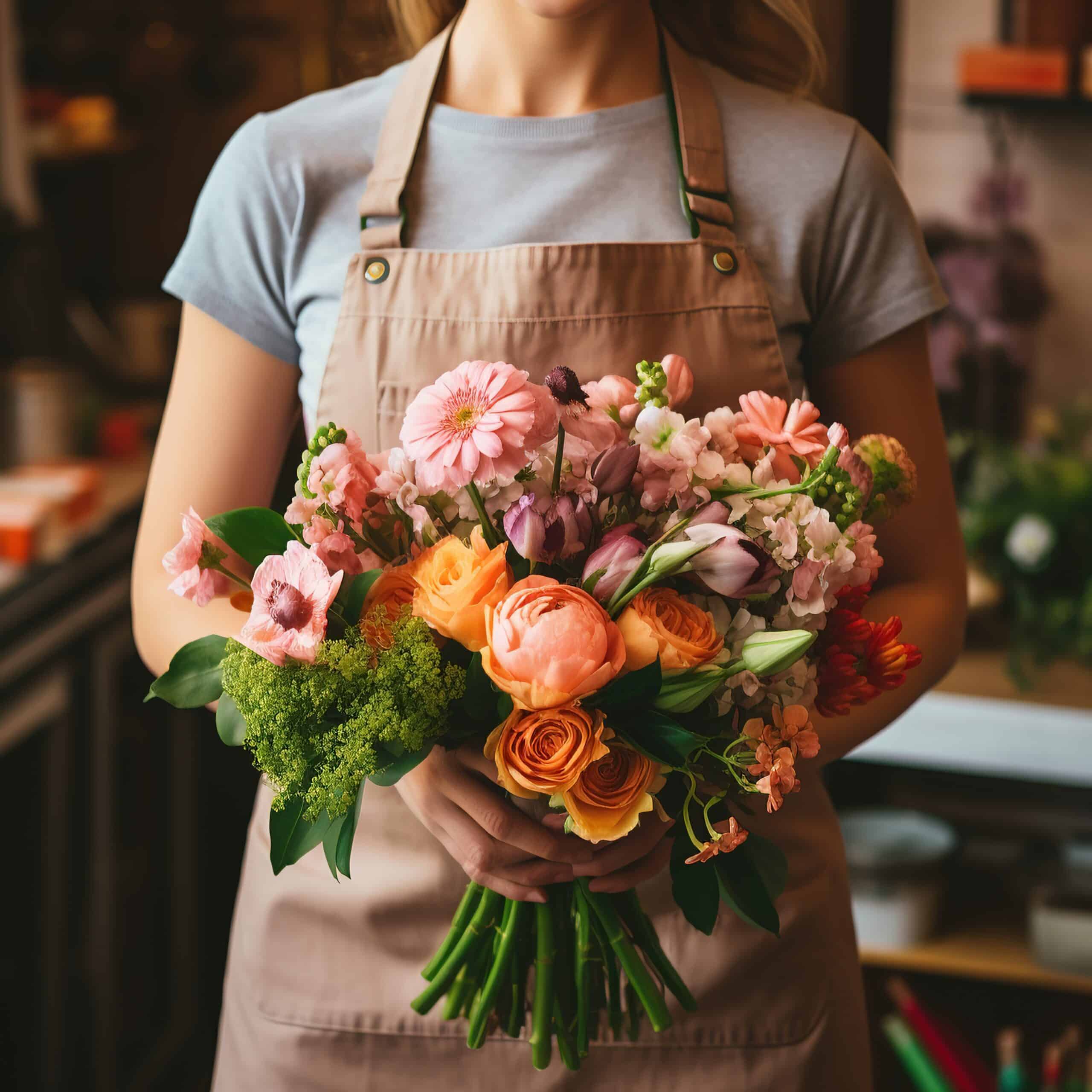 Florist in a flower shop with a bouquet of flowers. Generative AI