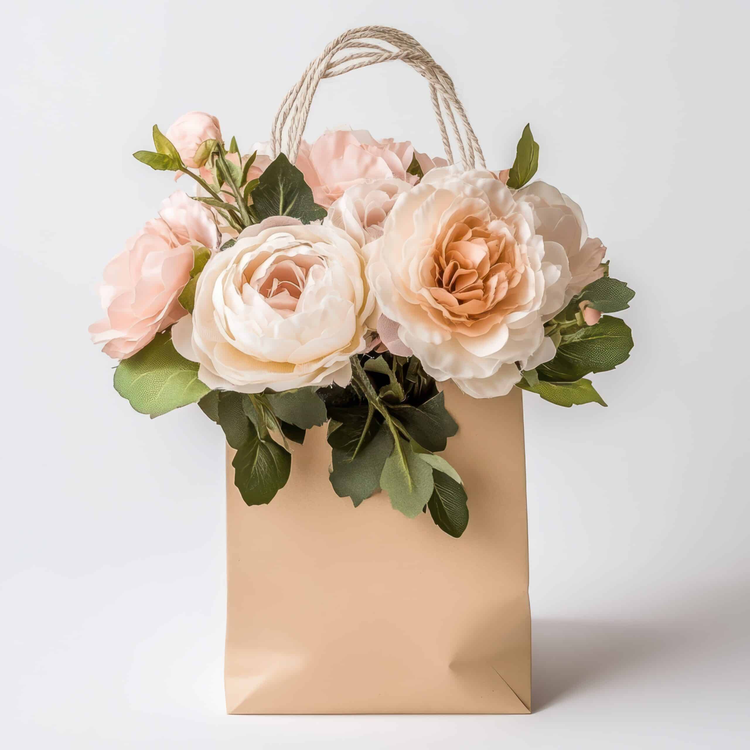 a bouquet of flowers in a paper bag
