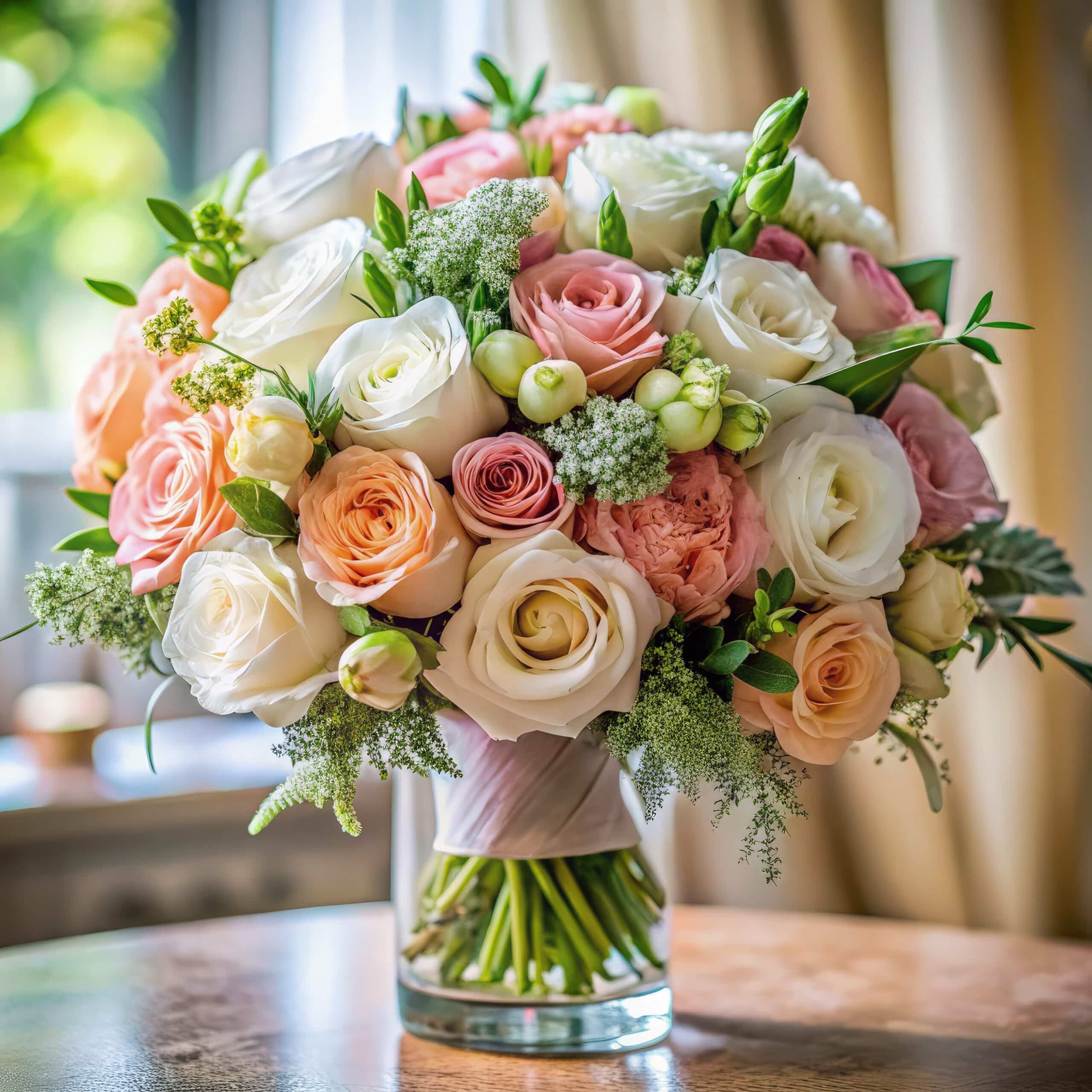 Elegant wedding bouquet featuring soft pastel roses and greenery in a bright setting. Generative AI